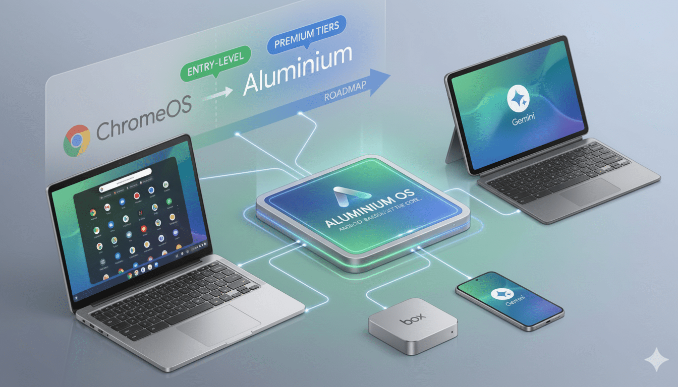 A professional graphic illustrating the evolution from ChromeOS to Aluminium OS, with various devices like laptops, tablets, and smartphones displaying the operating systems, and a small box device.