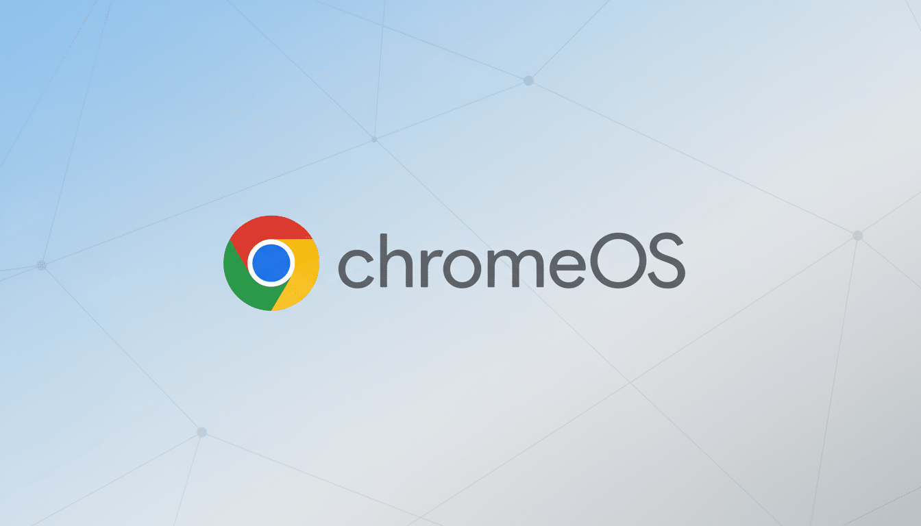 The Chrome OS logo, featuring a red, yellow, and green circle with a blue center, next to the word chromeOS in gray text, set against a light blue gradient background with subtle geometric patterns.