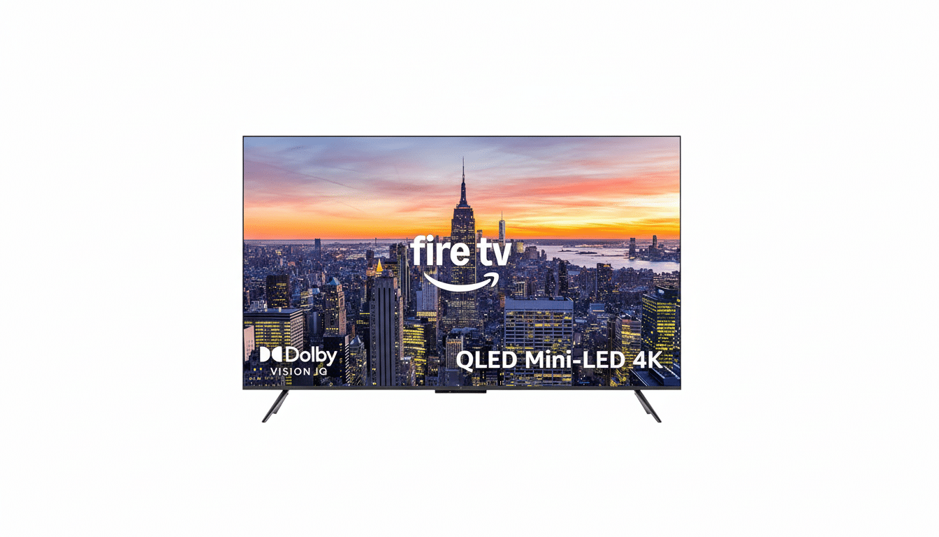 A Fire TV QLED Mini-LED 4K television displaying a cityscape at sunset, with Dolby Vision IQ branding.