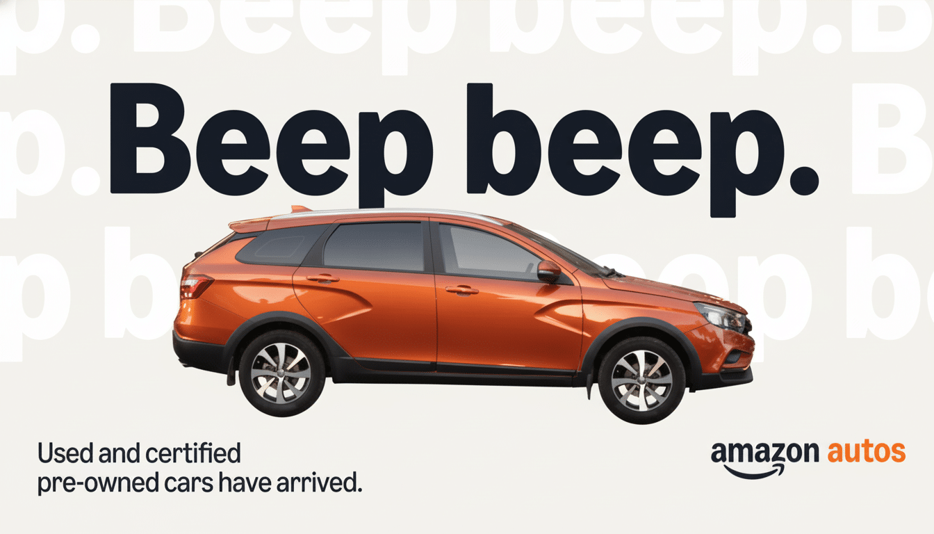 An orange car is parked in the center of the image, with the words Beep beep. in large black letters above it. Below the car, it says Used and certified pre-owned cars have arrived. and the amazon autos logo is in the bottom right corner. The background is a light beige with faint, repeating Beep beep. text.