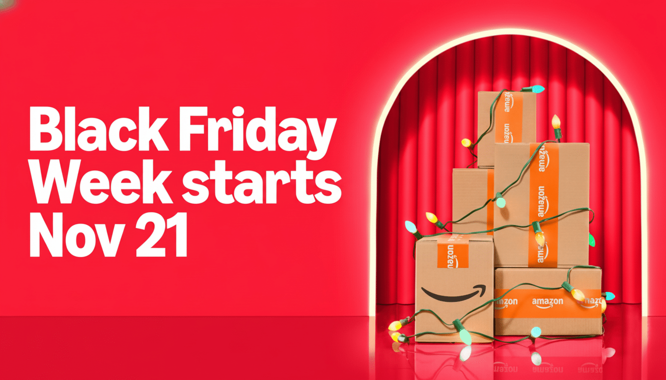 Amazon Black Friday early deals banner with Amazon logo sale tags and Prime boxes