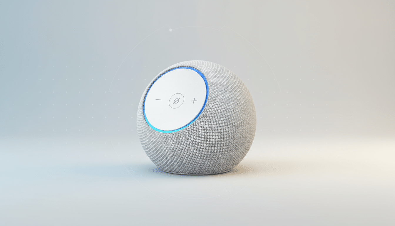 A white spherical smart speaker with a flat, professional background.