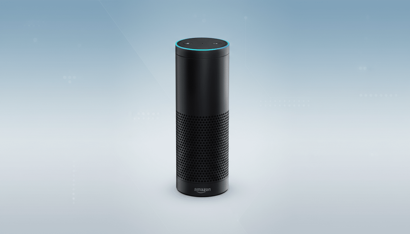 A black Amazon Echo speaker with a blue light ring at the top, set against a professional light blue gradient background with subtle white dot patterns.