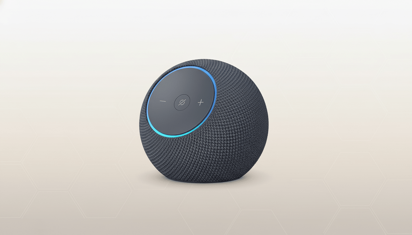 A dark gray spherical smart speaker with a flat gray top panel featuring volume and mute controls, accented by a blue light ring, set against a professional light beige background with subtle hexagonal patterns.