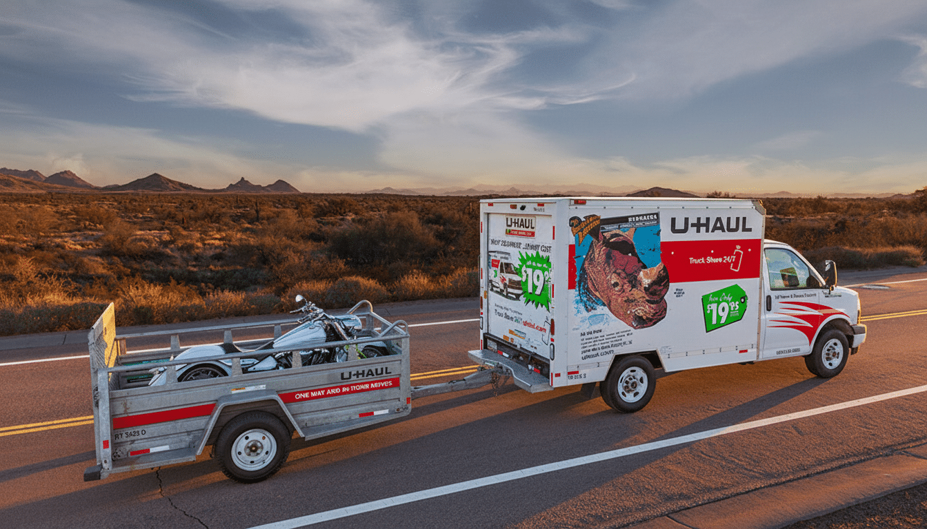 A white U-Haul truck towing a trailer with a motorcycle on a desert road at sunset.