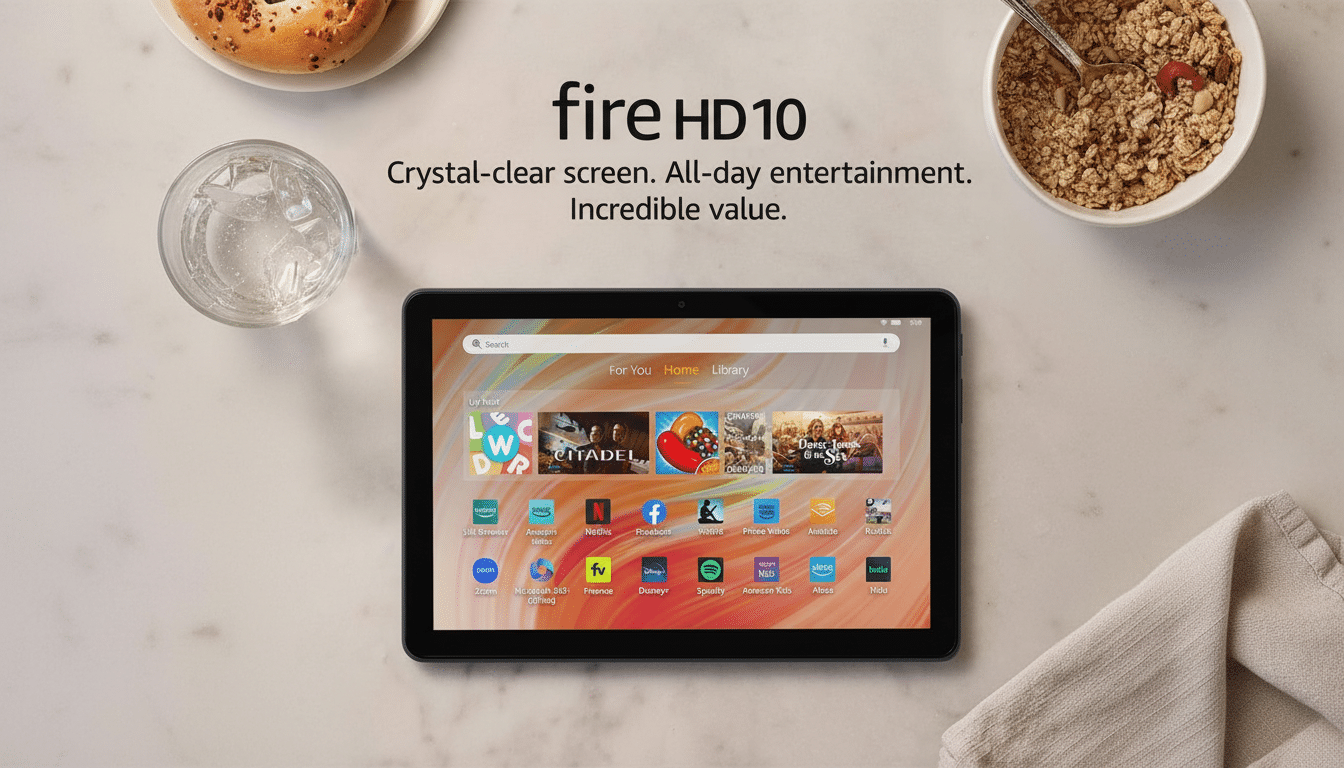 A Fire HD 10 tablet displayed on a light-colored surface with a glass of water, a bagel, and a bowl of cereal in the background. The tablet screen shows various app icons and content.