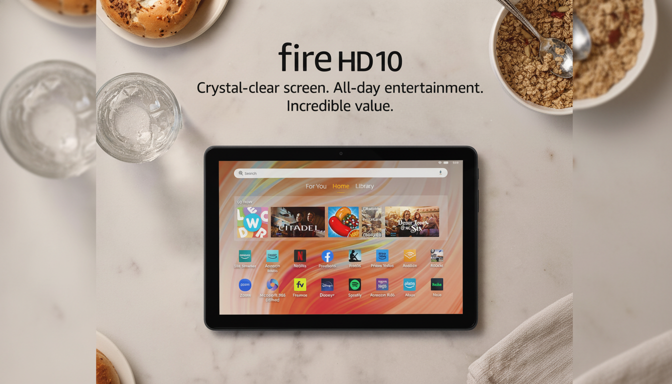 A Fire HD 10 tablet displayed on a light-colored surface with a bagel, a glass of water, and a bowl of cereal in the background. The tablet screen shows various app icons and content.