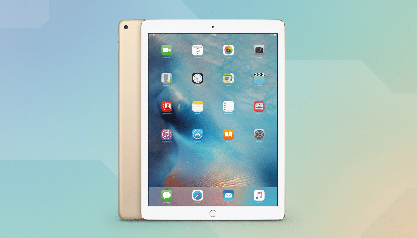 A gold iPad Air 2 with a white front, displaying the iOS home screen with various app icons, set against a professional flat design background with soft blue and green gradients.