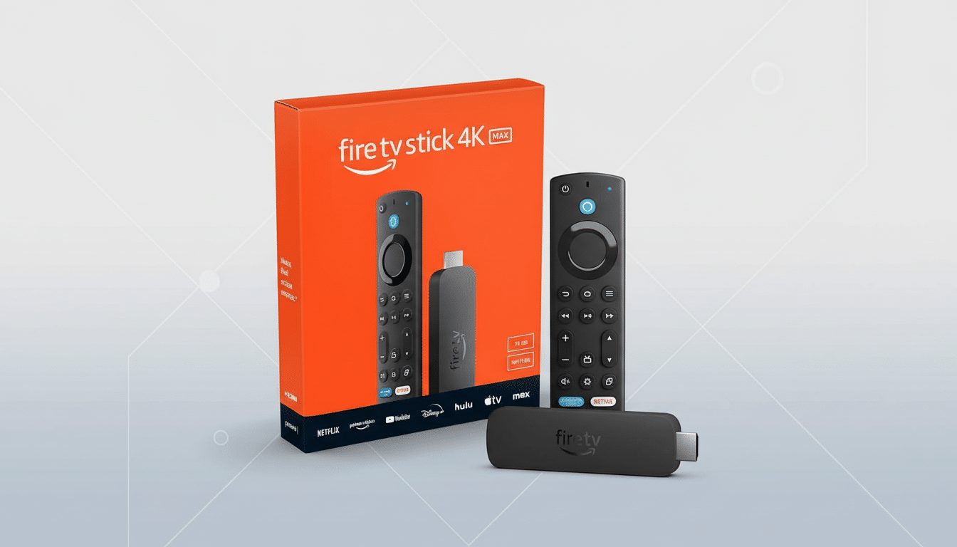 A Fire TV Stick 4K Max box, remote, and stick are displayed on a professional flat design background with soft patterns.