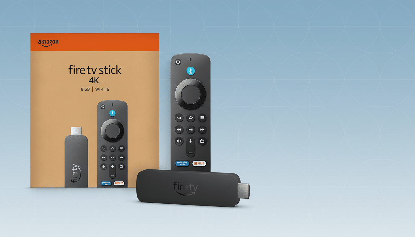 An Amazon Fire TV Stick 4K, its remote, and packaging are displayed against a professional blue background with subtle circular patterns.