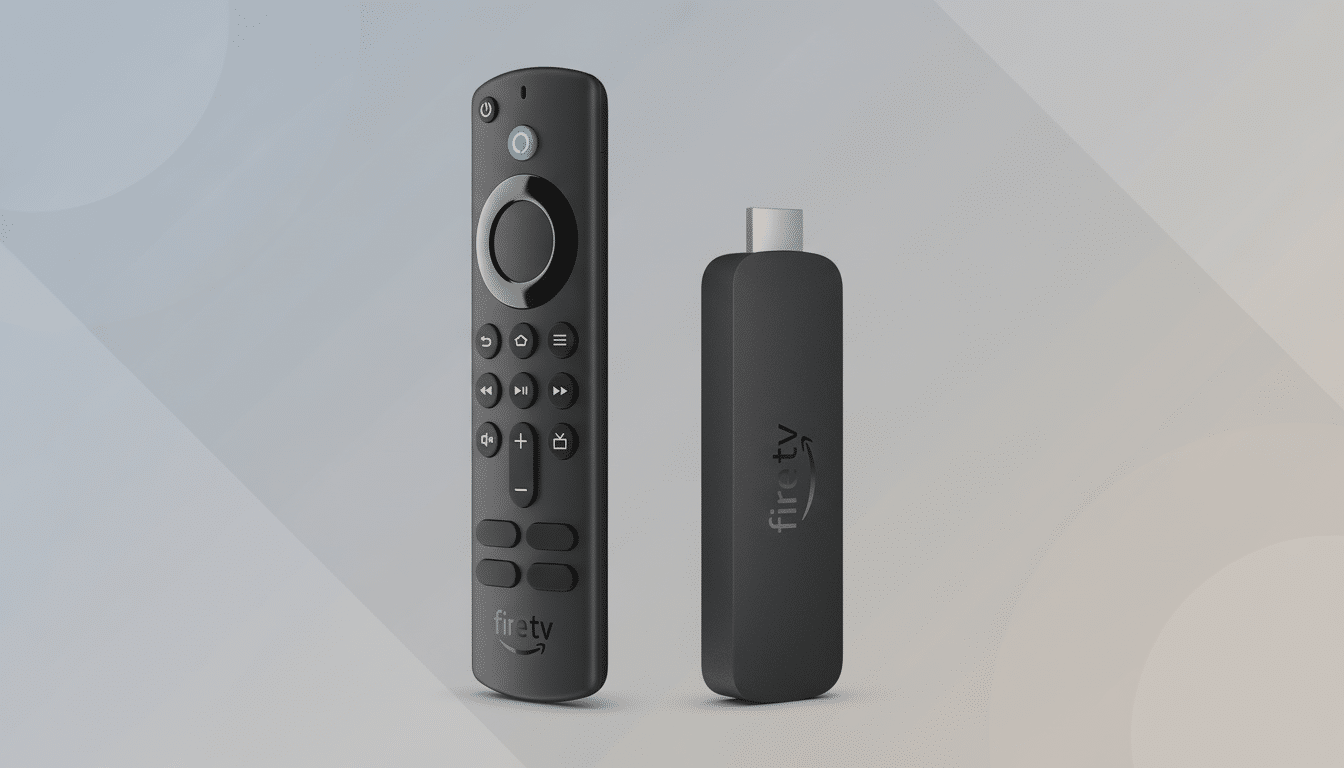 An Amazon Fire TV Stick and its remote control are displayed on a professional flat design background with soft patterns and gradients.
