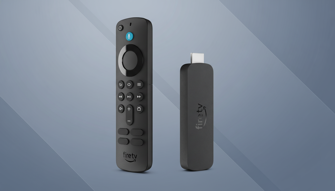 An Amazon Fire TV Stick and its remote control are displayed on a professional flat design background with soft patterns and gradients.