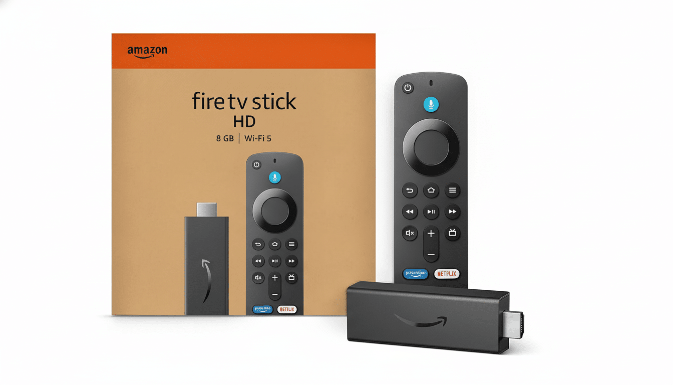 An Amazon Fire TV Stick HD, its remote, and its packaging are displayed on a white background.