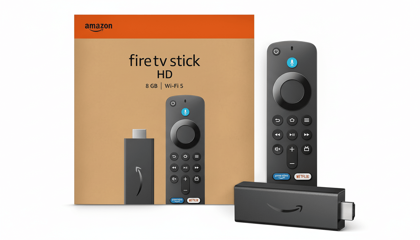 An Amazon Fire TV Stick HD box, two Fire TV Stick remotes, and two Fire TV Stick devices are displayed on a white background.