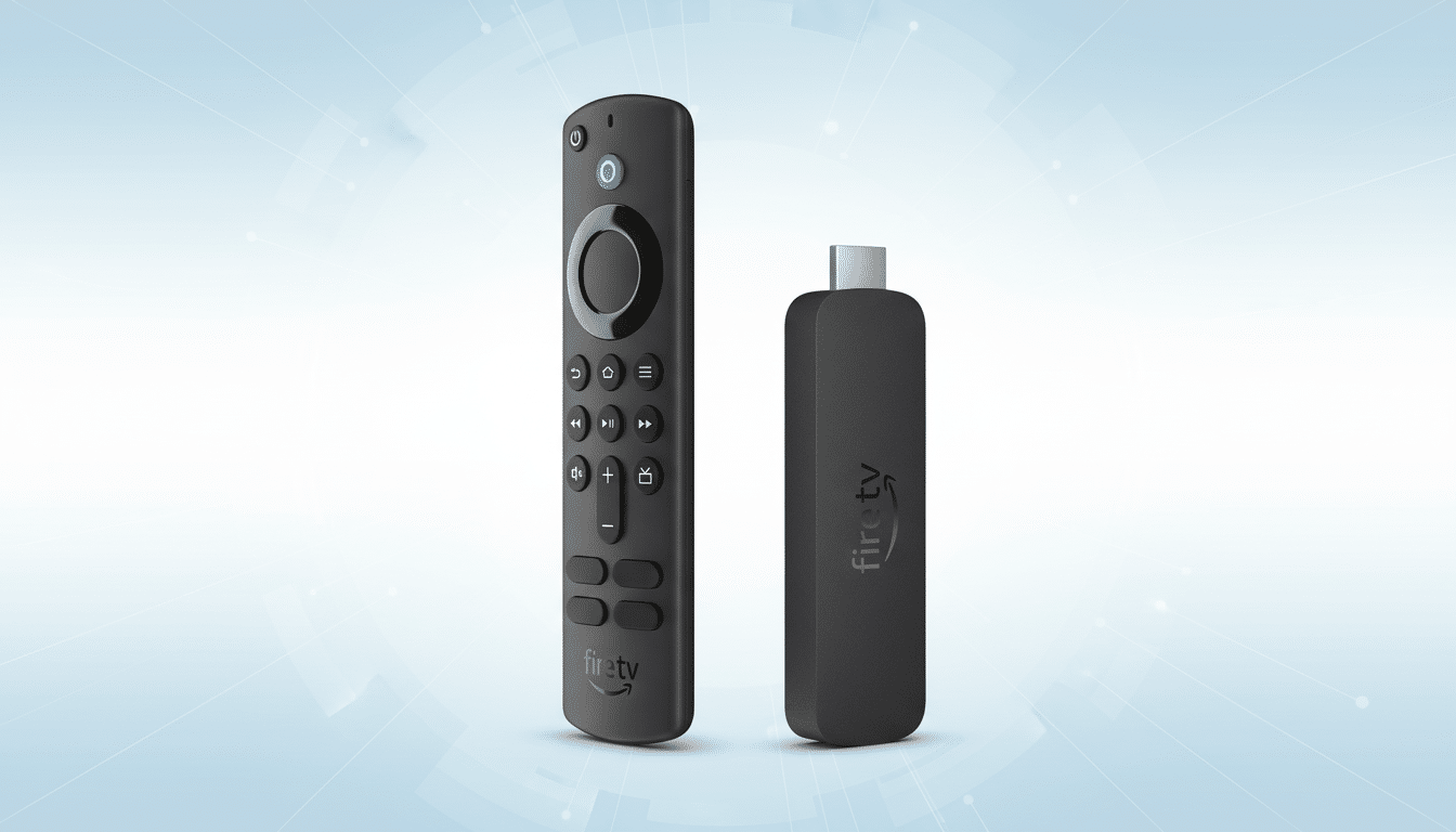 A black Amazon Fire TV remote control and a Fire TV Stick are displayed side-by-side on a light blue background with subtle geometric patterns.