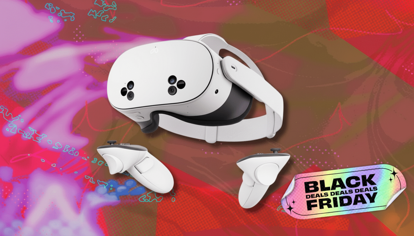 A white virtual reality headset and two controllers are displayed against a vibrant, abstract background with a Black Friday Deals sticker in the bottom right corner.