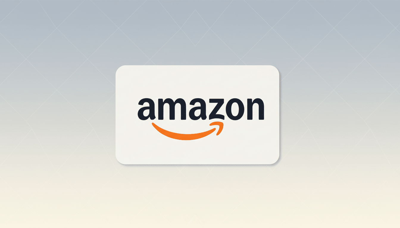 A 16:9 aspect ratio image featuring an Amazon gift card with the Amazon logo on a professional flat design background with soft patterns and gradients.