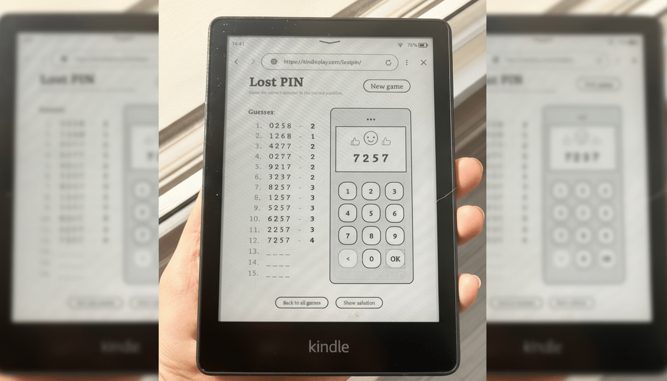 A Kindle e-reader displaying a Lost PIN game on its screen, held in a hand.