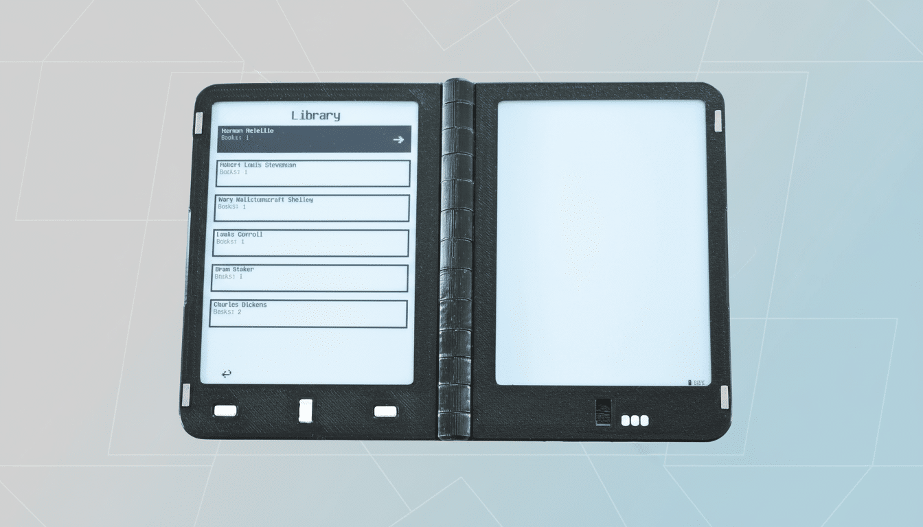 A dual-screen e-reader displaying a library list on the left screen and a blank right screen, set against a professional flat design background with soft patterns.