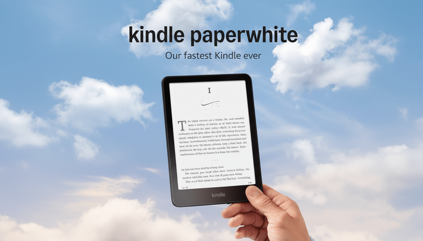 A hand holding a Kindle Paperwhite e-reader against a cloudy blue sky, with the text kindle paperwhite Our fastest Kindle ever at the top.