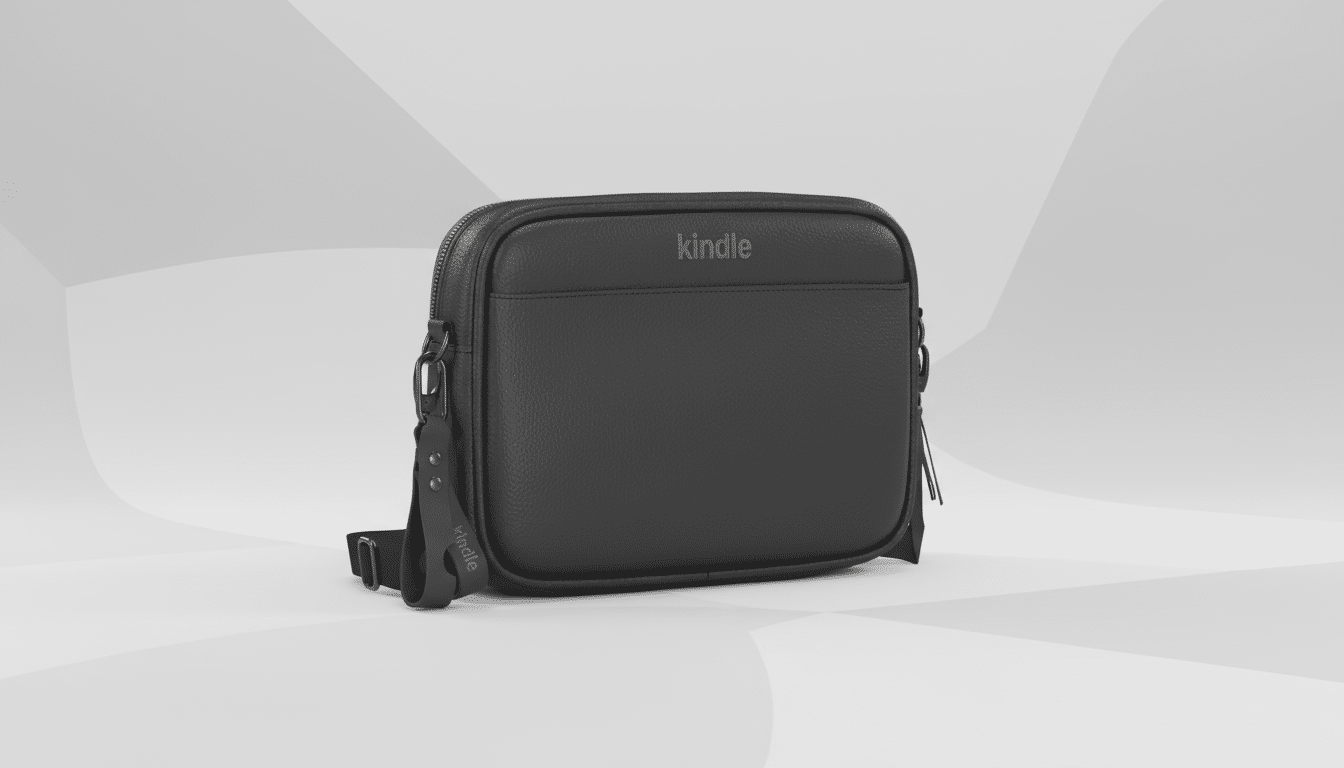 A black Kindle shoulder bag with a textured surface and a subtle Kindle logo on the front, presented on a professional light gray background with soft, abstract patterns.