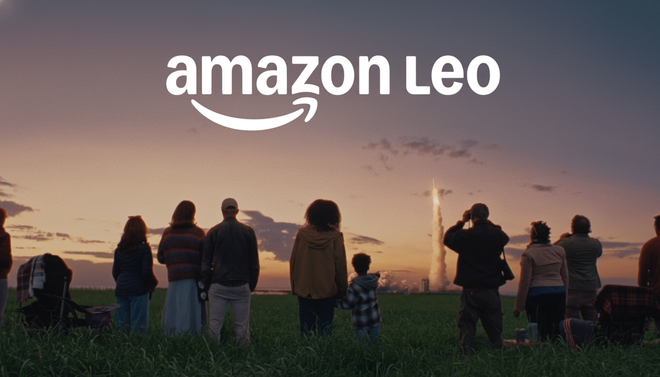 A group of people standing in a grassy field, watching a rocket launch into a twilight sky. The Amazon Leo logo is visible in the upper center of the image.