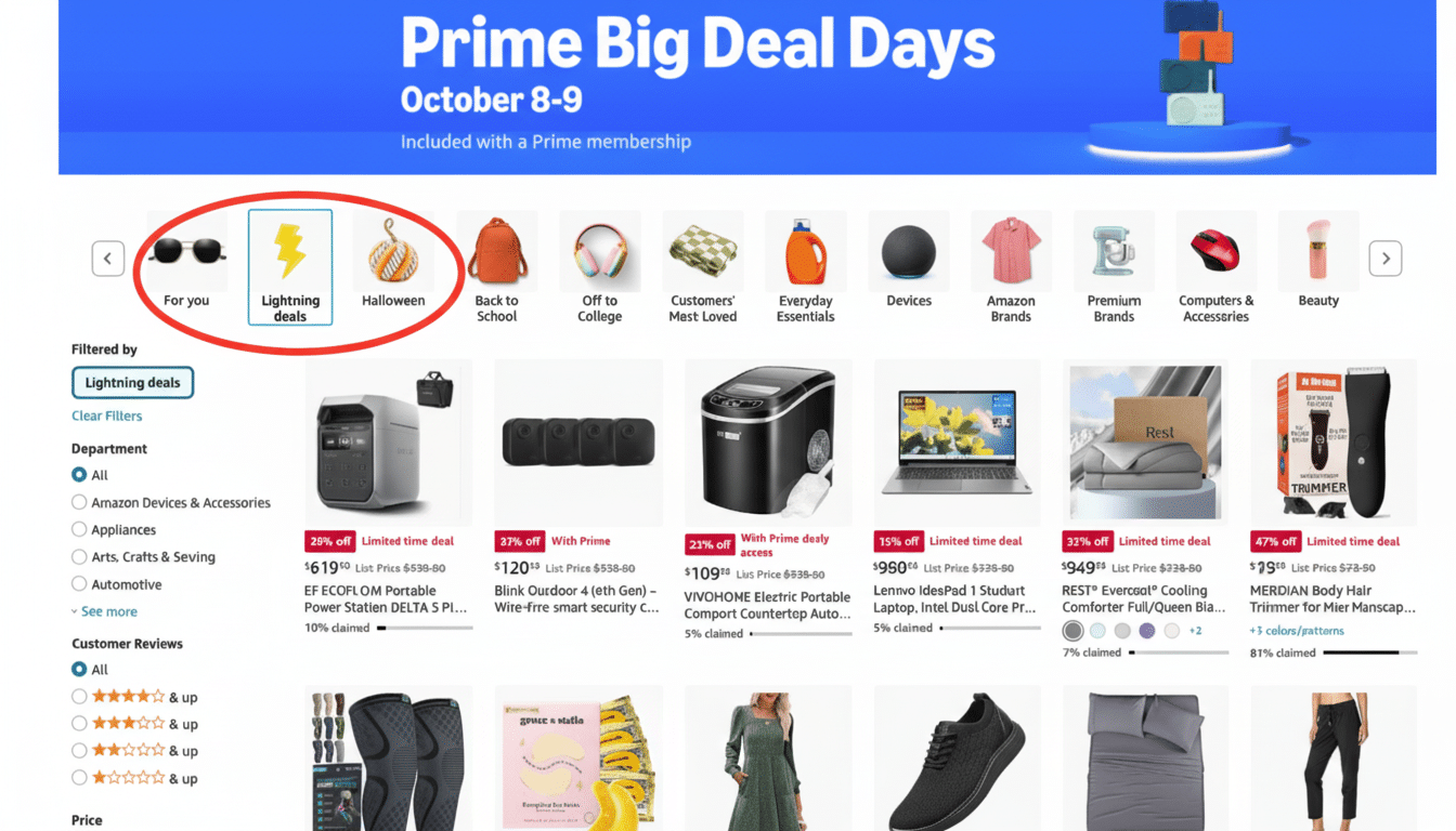 A screenshot of the Amazon Prime Big Deal Days homepage, featuring various product categories and deals. The Lightning deals category is highlighted with a red circle.