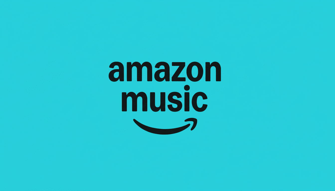 The Amazon Music logo, featuring amazon music in black text with the Amazon smile arrow underneath, set against a solid teal background, resized to a 16:9 aspect ratio.