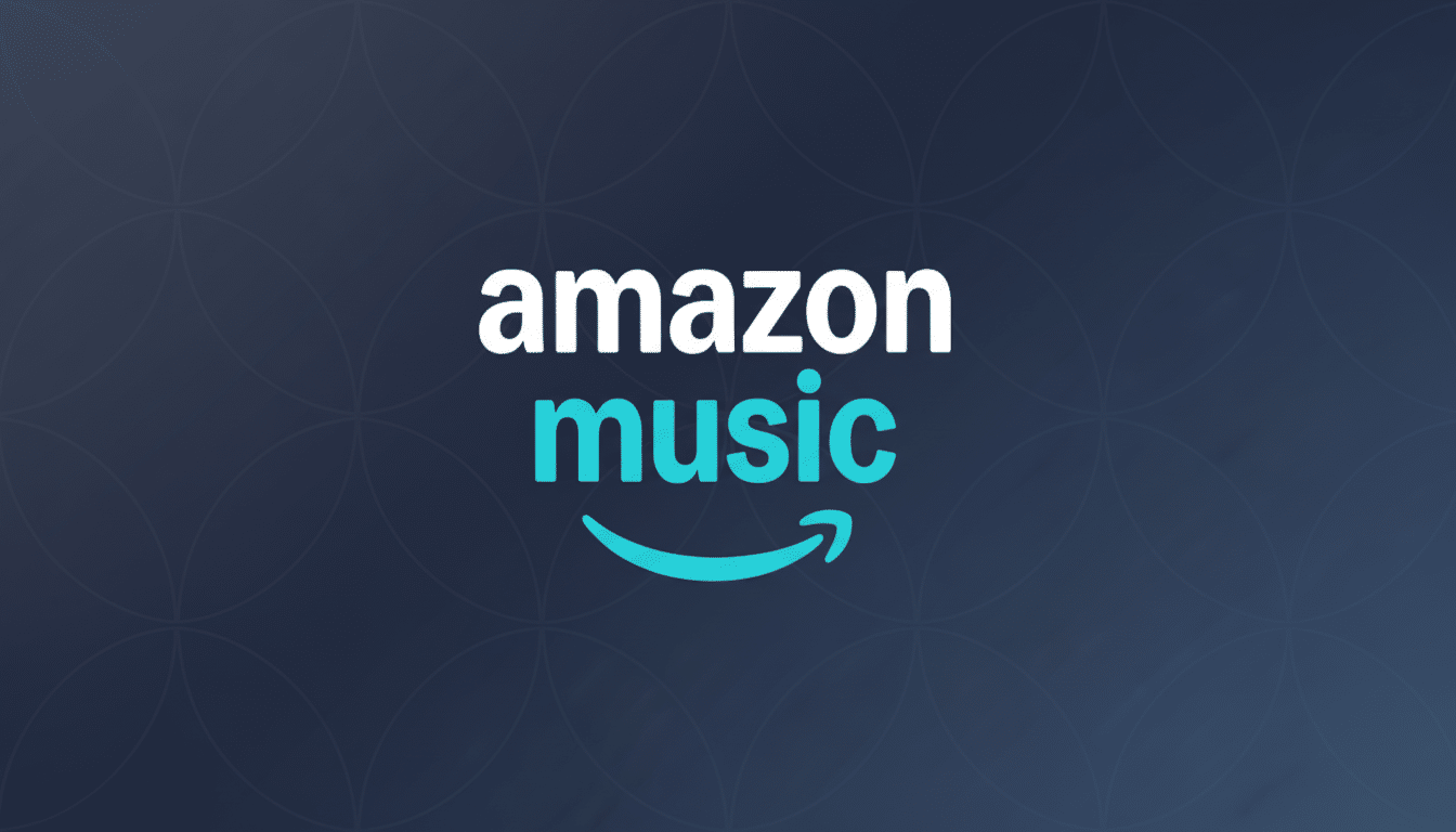 The Amazon Music logo, featuring amazon in white text above music in light blue text with a light blue arrow curving from the a to the c in music, centered on a dark blue background with a subtle, repeating circular pattern.