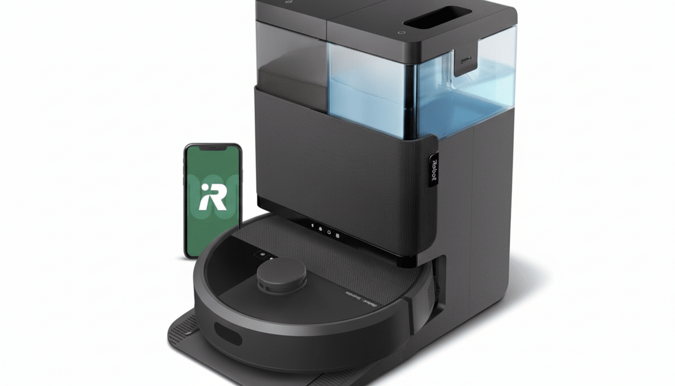 A black robot vacuum cleaner with a self-emptying and water-refilling dock, next to a smartphone displaying the iRobot app logo.