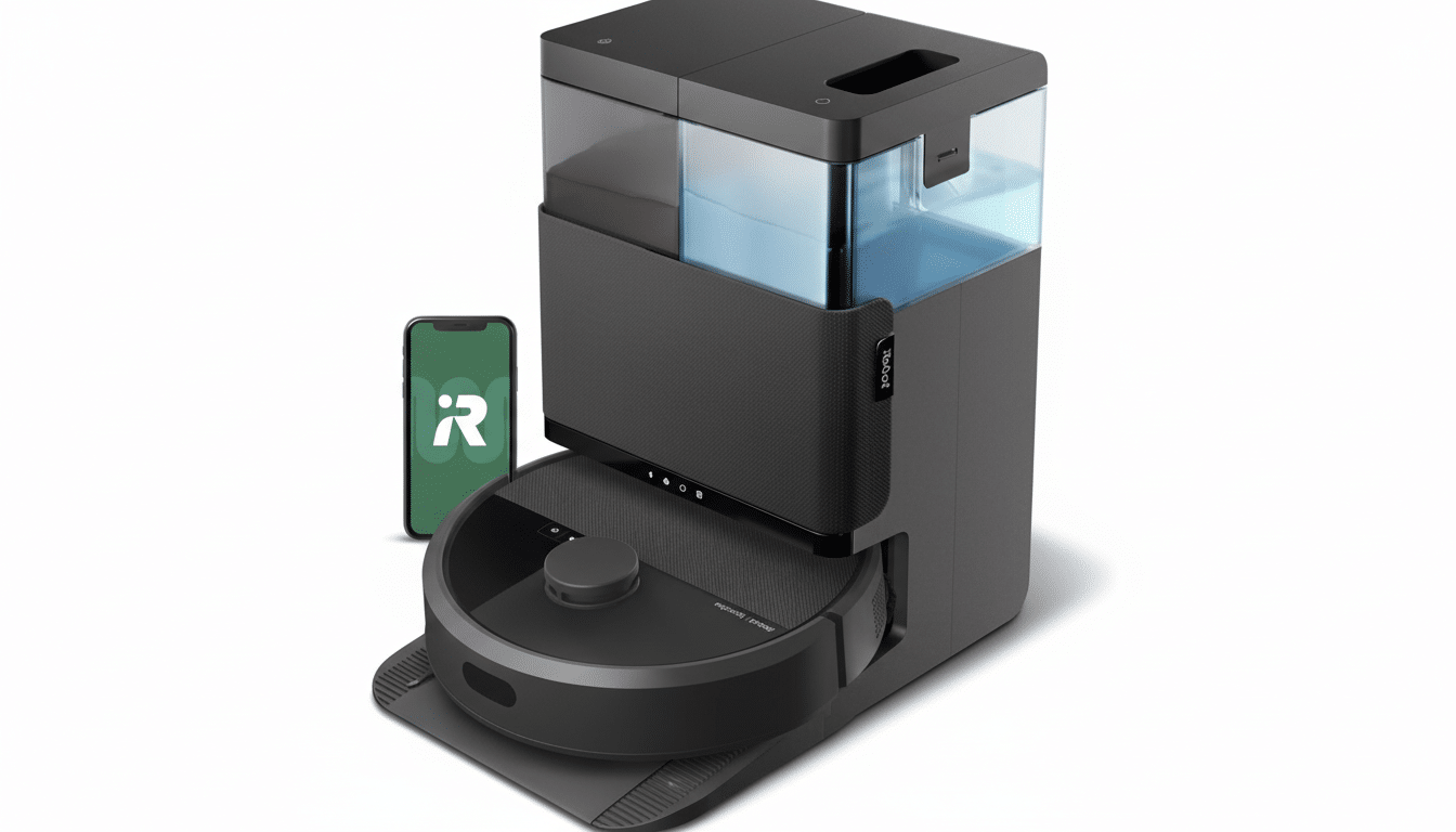 A black robot vacuum cleaner with a self-emptying and water-refilling dock, next to a smartphone displaying the iRobot app logo, all set against a clean white background.