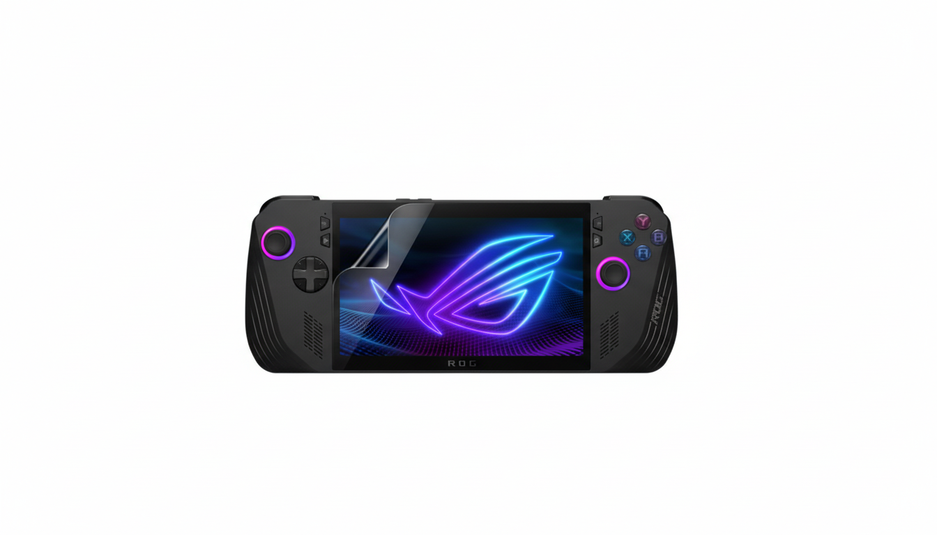 A black handheld gaming console with a screen protector partially applied, displaying a glowing blue and purple ROG logo on a dark background.