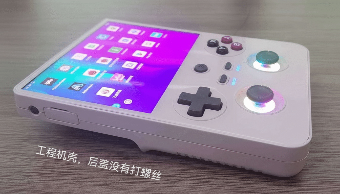 A white handheld gaming device with a screen displaying colorful app icons and various control buttons, including a D-pad, action buttons, and two illuminated joysticks, presented on a wooden surface.