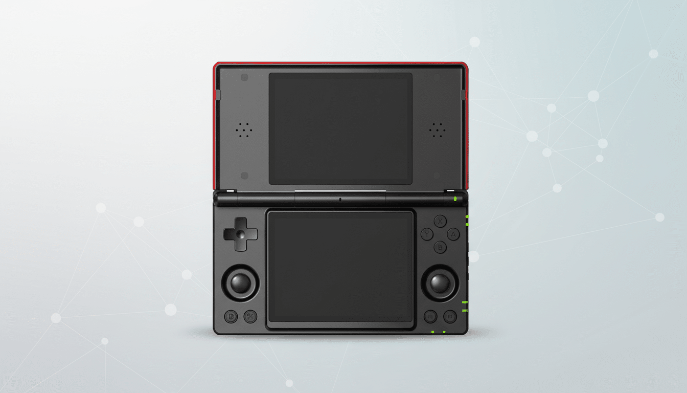 A red and black Nintendo 3DS handheld console, open and viewed from the front, set against a professional light gray background with a subtle network pattern.