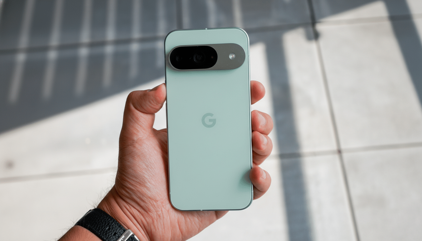 A hand holding a light green Google Pixel 7 smartphone, with the camera bar visible at the top and the Google G logo in the center.