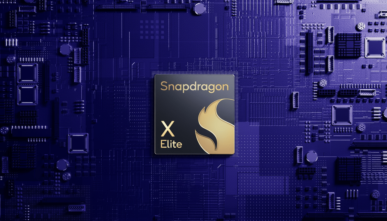 A Snapdragon X Elite chip centered on a dark blue circuit board, resized to a 16:9 aspect ratio.