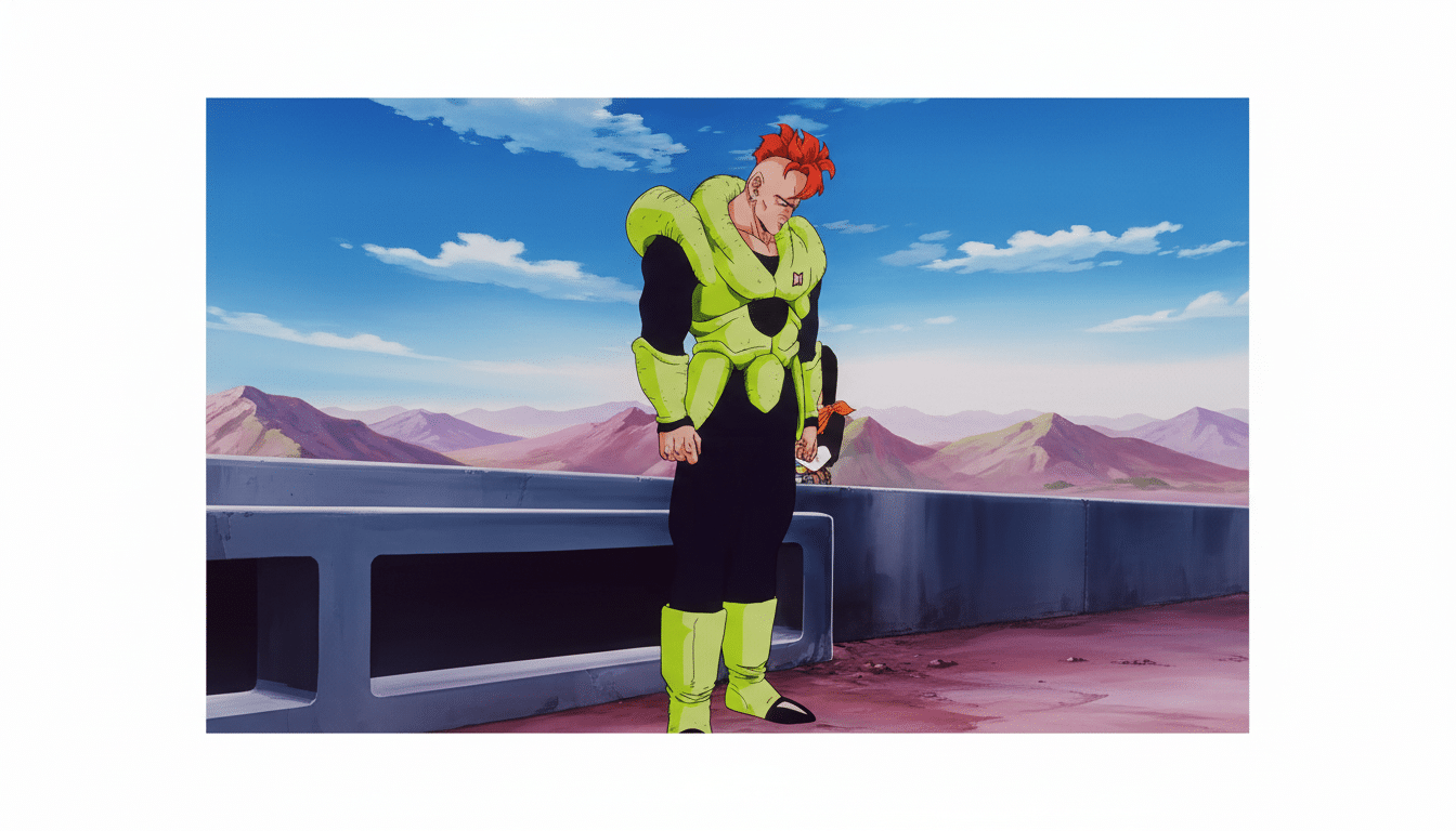 A 16:9 aspect ratio image of Android 16 from Dragon Ball Z, standing with a serious expression, wearing his signature green and black battle suit, with a mountainous landscape and blue sky in the background.