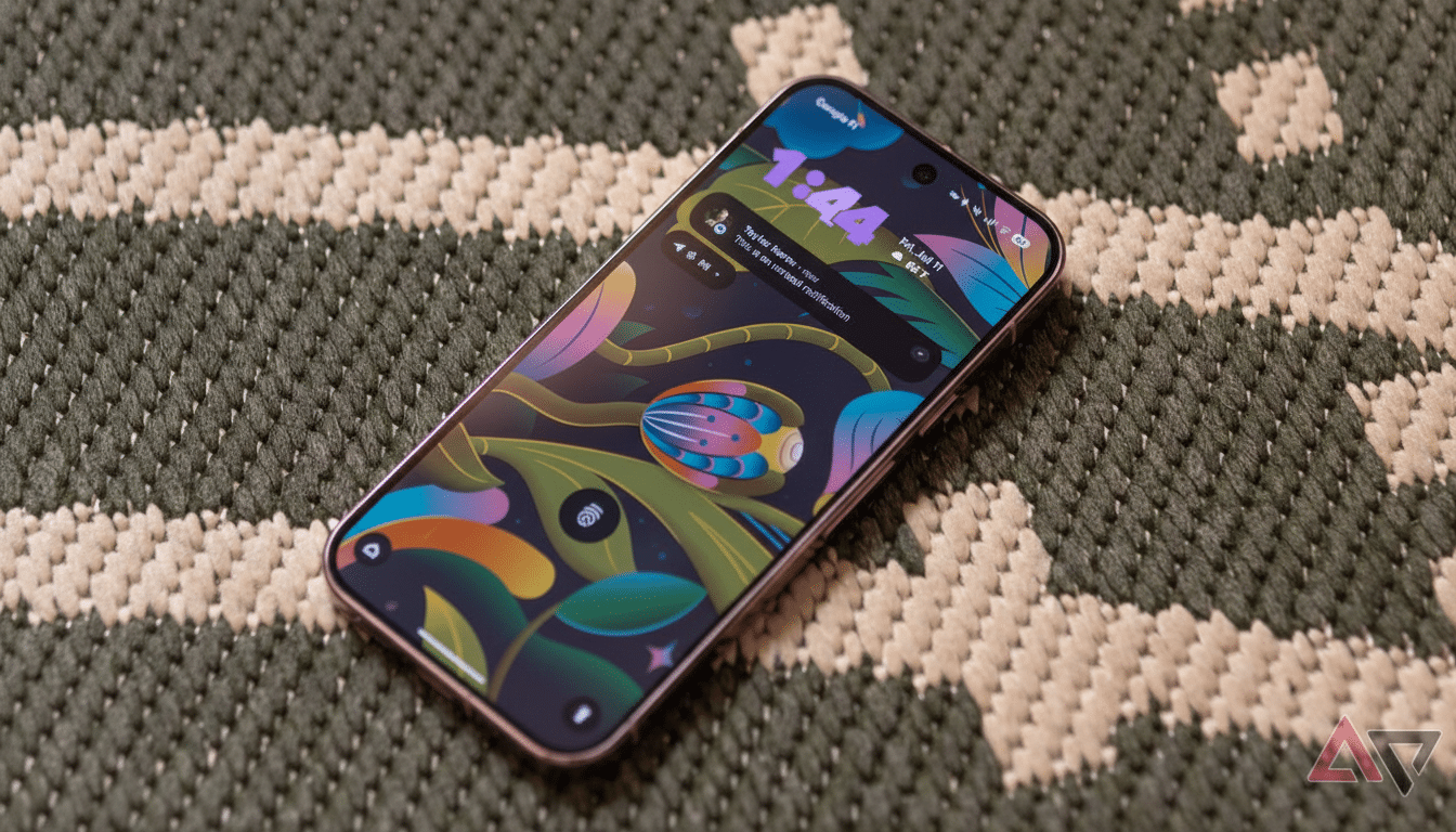 A smartphone with a colorful wallpaper displaying a beetle and tropical leaves, lying on a green and white striped woven surface.