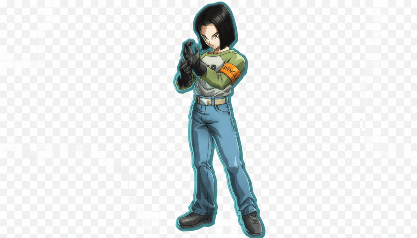 An image of Android 17 from Dragon Ball, resized to a 16:9 aspect ratio with his original background preserved.