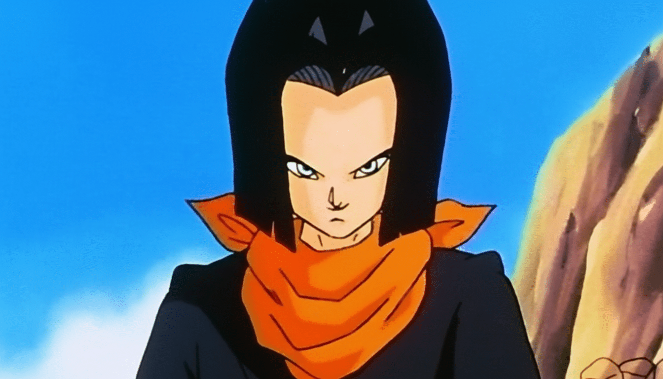 A professionally enhanced image of Android 17 from Dragon Ball Z, resized to a 16:9 aspect ratio, maintaining the original background.