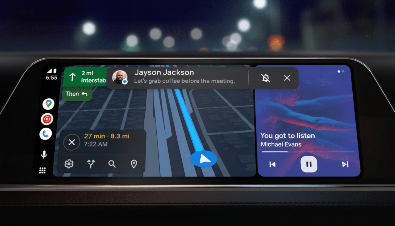 A cars infotainment system displaying navigation on the left and a music player on the right, with a message notification from Jayson Jackson.