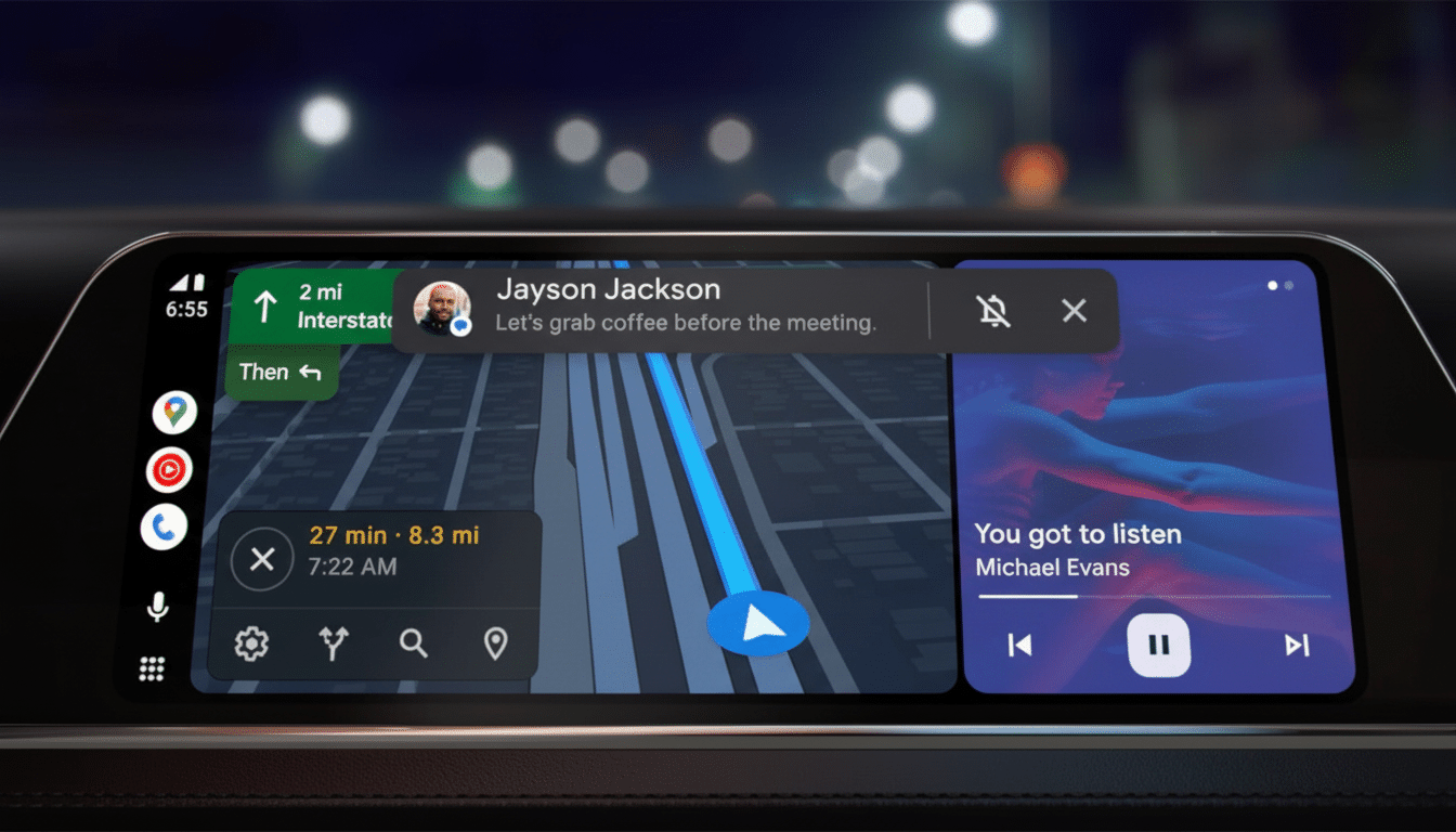 A cars infotainment system displaying navigation on the left and music playback on the right, with a notification from Jayson Jackson.