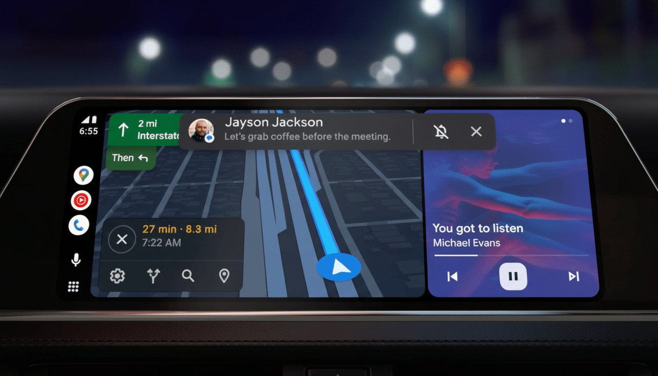 A cars infotainment system displaying navigation, a message from Jayson Jackson, and a music player.