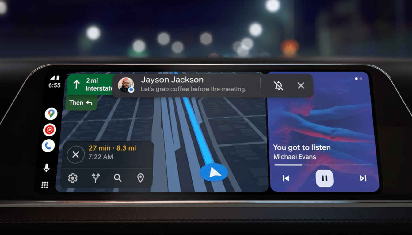 A cars infotainment system displaying navigation on the left and music playback on the right, with a notification from Jayson Jackson.