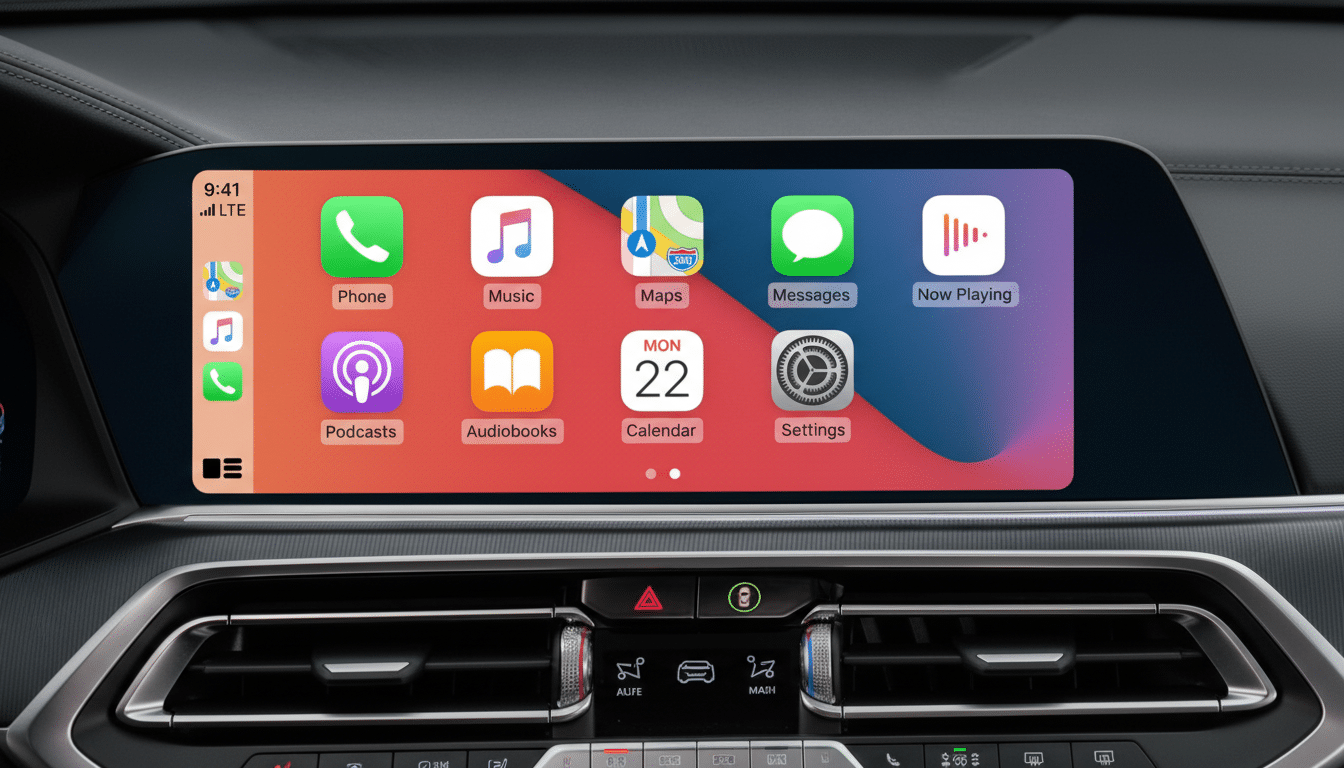 A cars infotainment system displaying Apple CarPlay with various app icons like Phone, Music, Maps, Messages, Now Playing, Podcasts, Audiobooks, Calendar, and Settings.