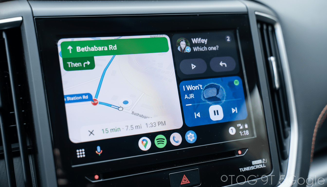 A cars infotainment screen displaying navigation on the left and media controls with a contact notification on the right.