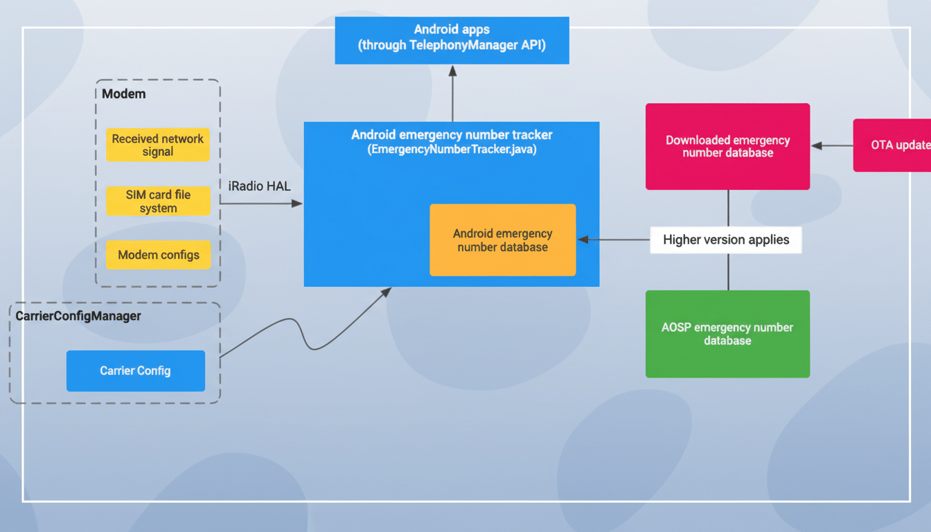 A professional diagram illustrating the Android emergency number tracking system, showing the interaction between Android apps, the emergency number tracker, modem, carrier config manager, and various emergency number databases.