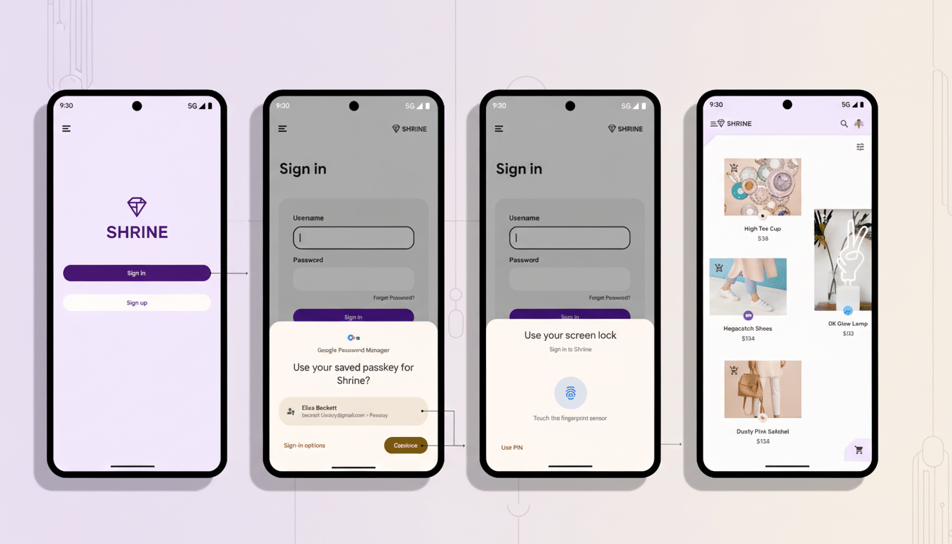 A 16:9 aspect ratio image showing four mobile phone screens. The first screen displays a Shrine app welcome page with sign-in and sign-up options. The second screen shows a sign-in form with fields for username and password, and a prompt to use a saved passkey. The third screen shows a sign-in form with a prompt to use the devices screen lock or PIN for authentication. The fourth screen displays a shopping app interface with various products like a high tea cup, shoes, and a satchel.