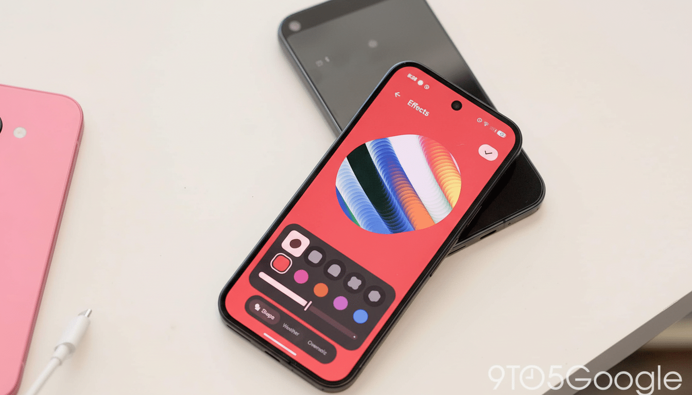 A smartphone displaying an Effects screen with color customization options, set against a background of other phones and a charging cable.