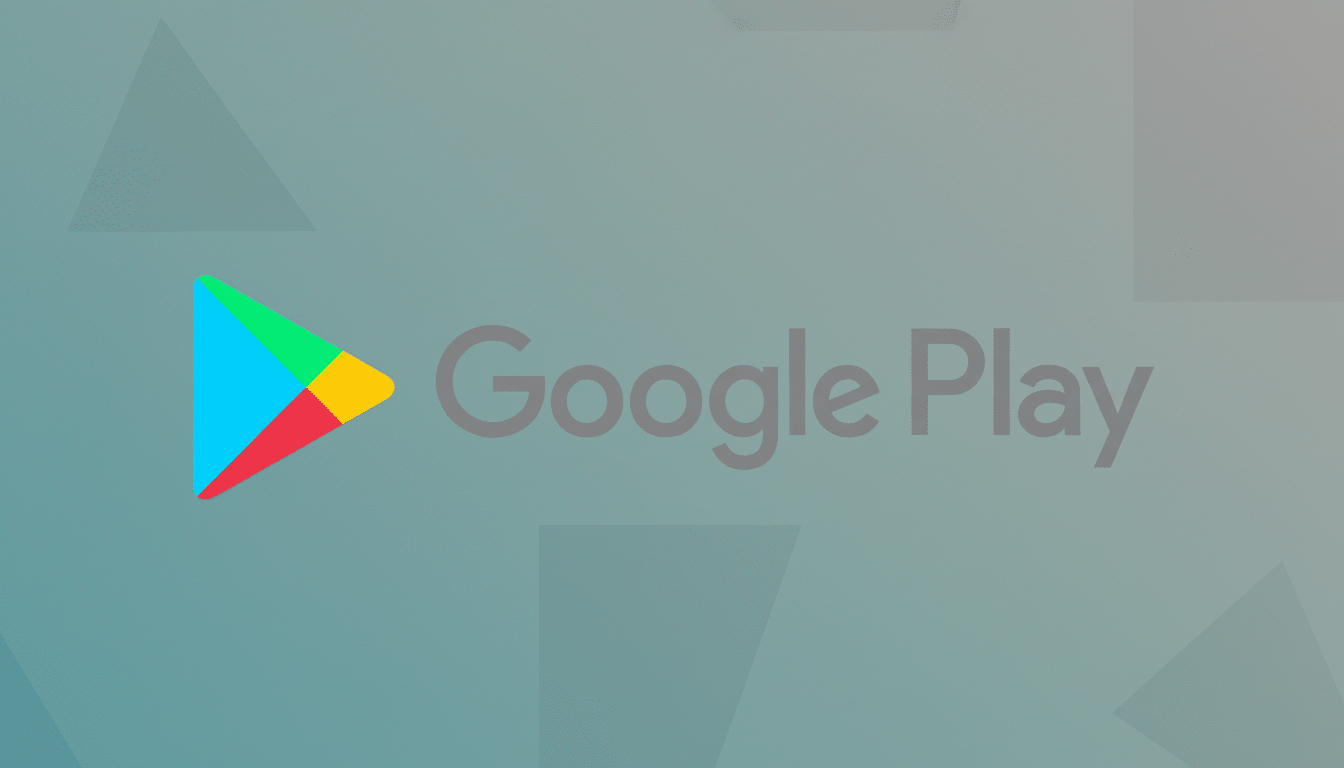 The Google Play logo, featuring a colorful triangular play button icon and the words Google Play in gray text, set against a professional flat design background with soft gray and teal gradients and subtle geometric patterns.